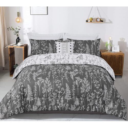 Floral Comforter Set, King Size, Black White Floral Pattern Reversible Bedding