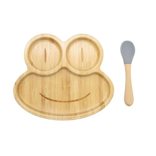 Bamboo Kids Children Baby Plate Bowl & Silicon Suction Cap Base & Spoon - Frog