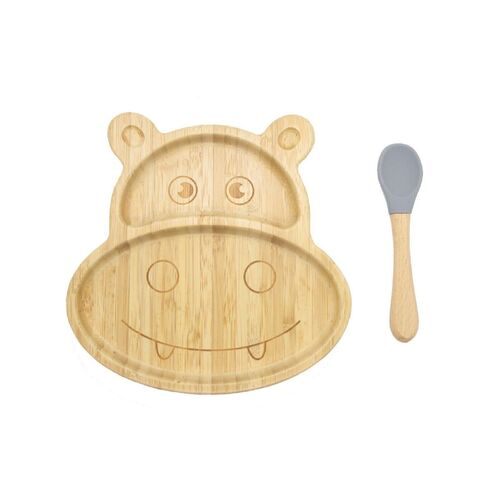 Bamboo Kids Children Baby Plate Bowl & Silicon Suction Cap Base & Spoon - Hippo