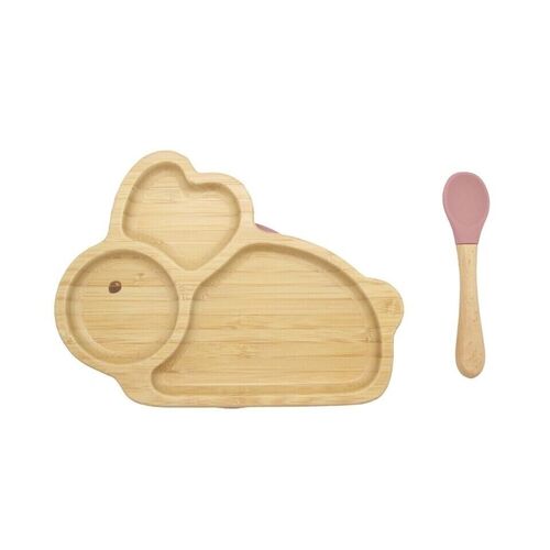 Bamboo Kids Children Baby Plate Bowl & Silicon Suction Cap Base & Spoon - Rabbit