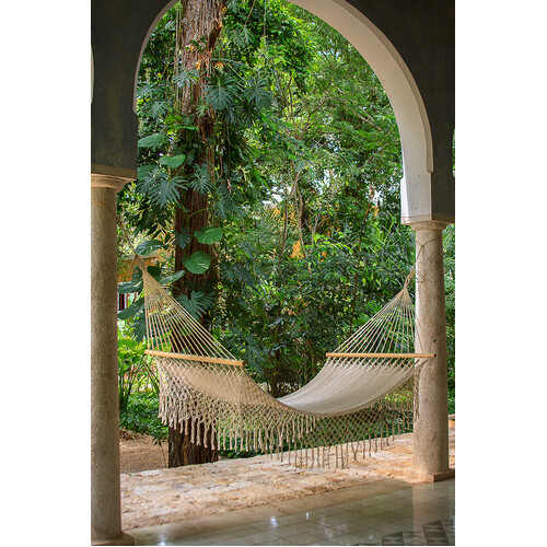 Mayan Legacy Queen Size Outdoor Cotton Mexican Resort Hammock With Fringe in Cream Colour